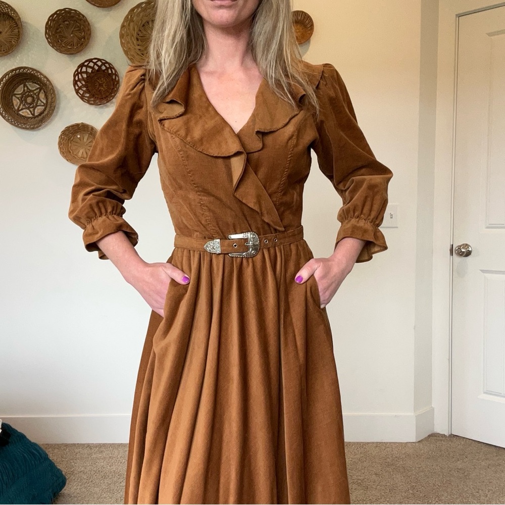 Vintage 70s Pincord Western Prairie Ruffle Maxi Dress - Picture 2 of 13